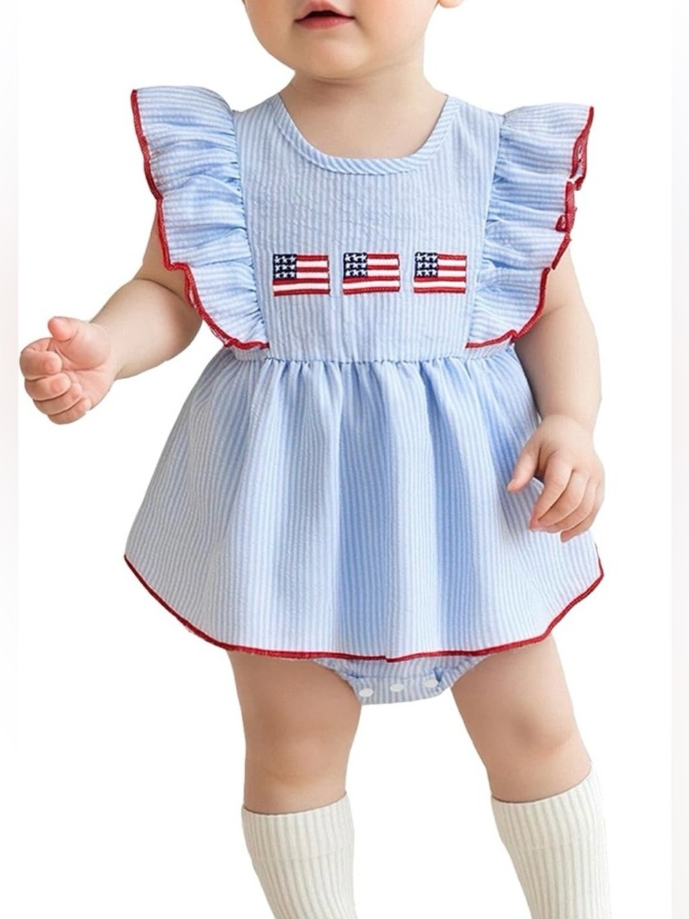 Seersucker Blue Striped Bubble with Ruffle & Flag Embroidery NEW size 12/18 mths